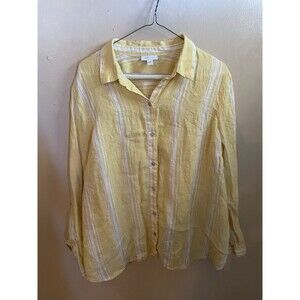 J Jill Love Linen Womens L Yellow White Stripe Button Up Shirt Roll Tab